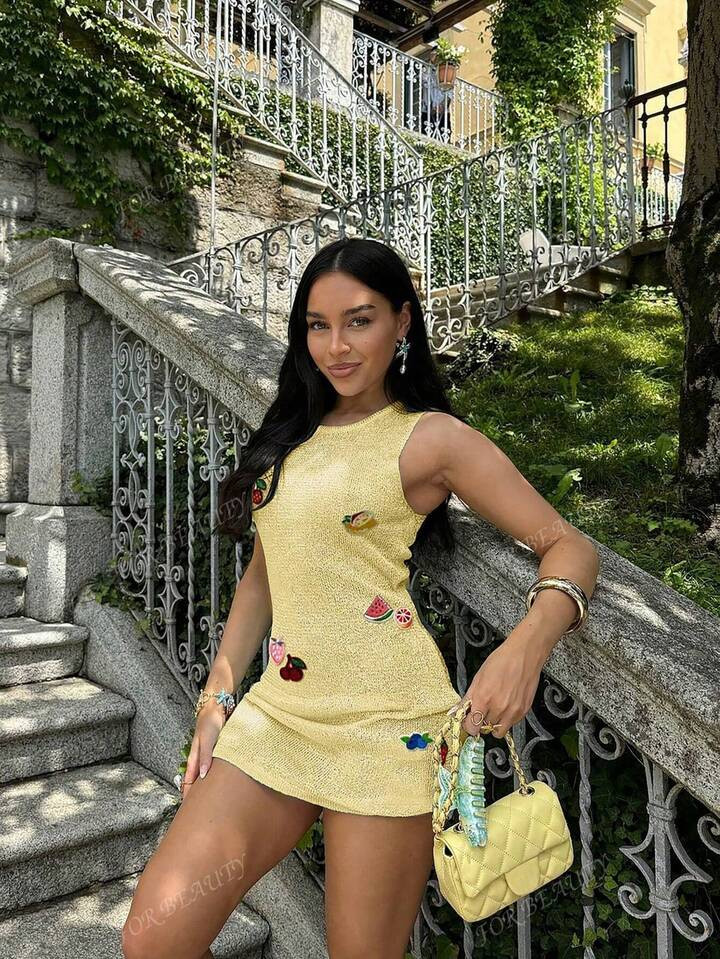 FOR BEAUTY Spring And Summer New Butter Yellow Knitted Dress, Women's Beach Vacation Style, Print... | SHEIN