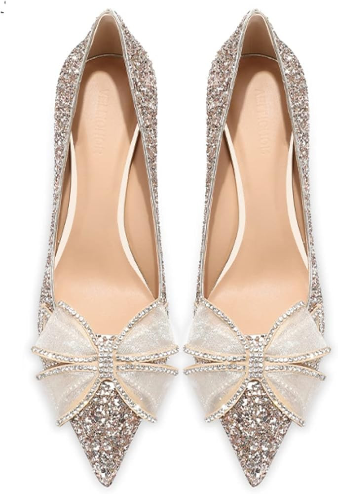 Classic Bow-Knot Stiletto Pump for Womens Trendy Rhinestone High Heeled Pointed Toe Prom Slip-ons... | Amazon (US)