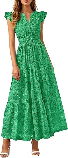 PRETTYGARDEN Womens Boho Maxi Dresses Summer Floral Lace Eyelet V Neck Spring Wedding Guest Dress... | Walmart (US)
