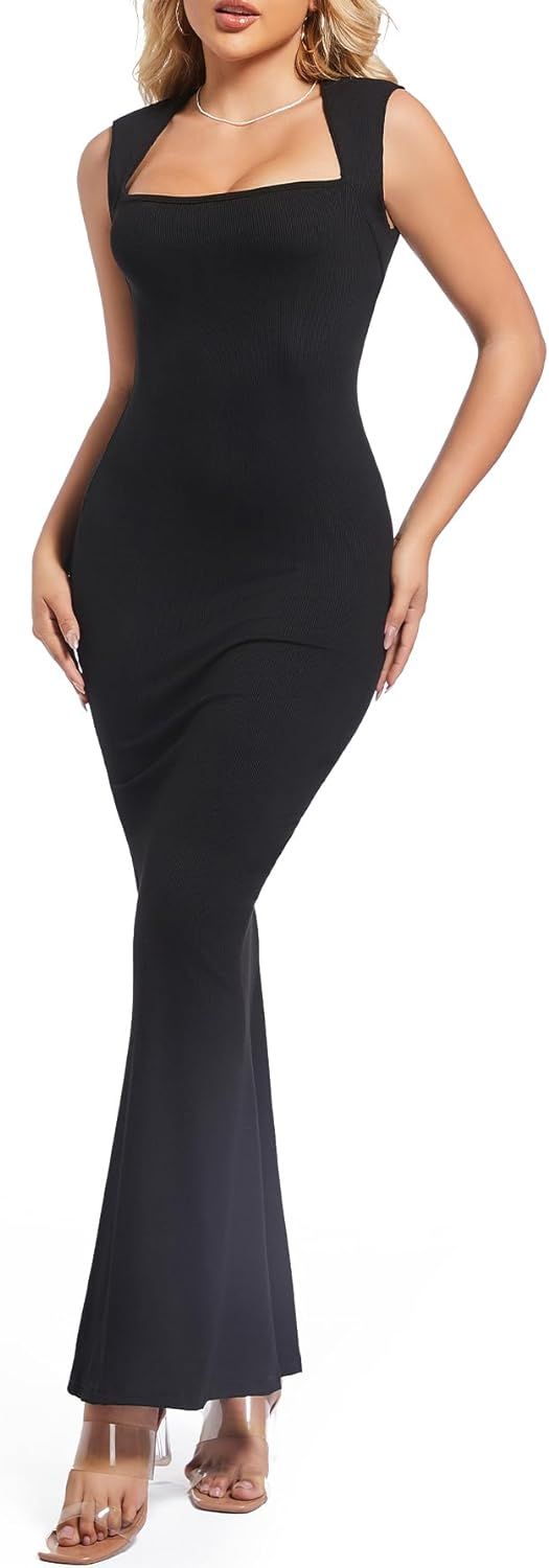 Women's Square Neck Bodycon Dress Sleeveless Tank Top Stretch Flare Maxi Long Dresses | Amazon (US)
