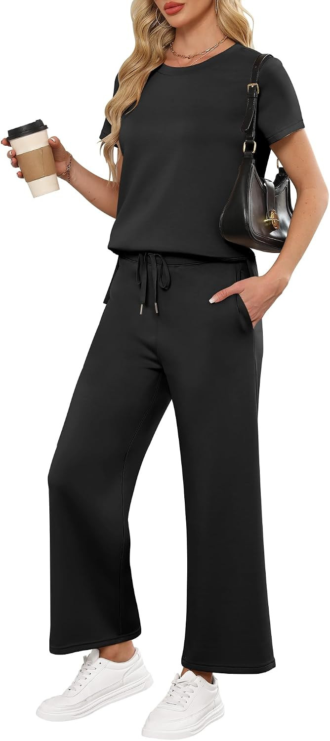 ANRABESS Women 2 Piece Lounge Sets Summer Travel Sweat Outfits Short Sleeve Wide Leg Casual Matching Tracksuits Clothes | Amazon (US)