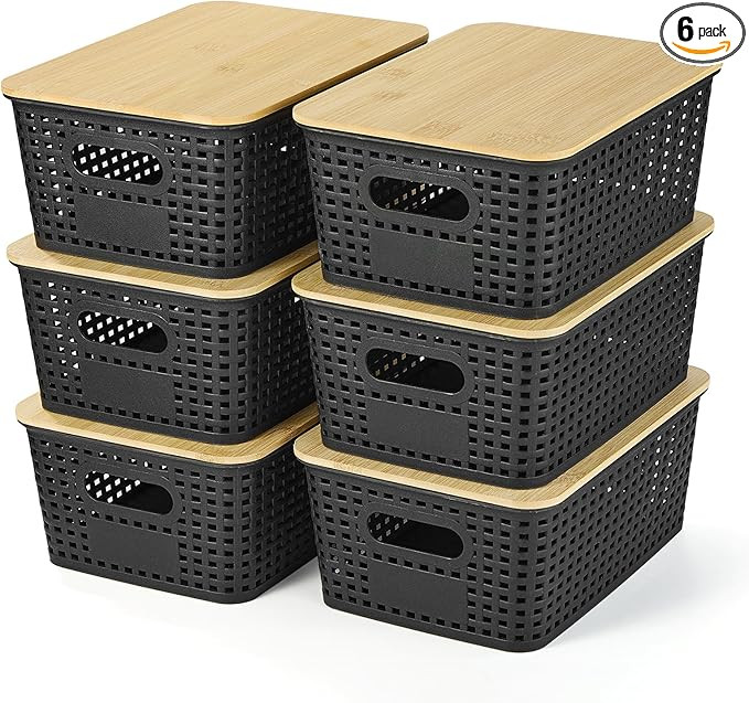 Plastic Storage Baskets With Bamboo Lid - Plastic Storage Containers Stackable Storage bins: Stor... | Amazon (US)