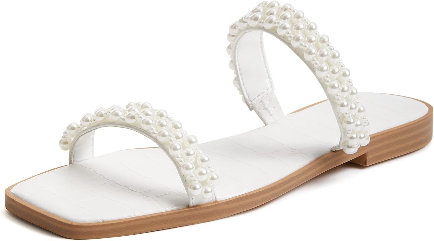 Coutgo Womens Flat Sandals Square Open Toe Pearl Two Strap Slip On Beach Slide Dressy Sandal | Amazon (US)