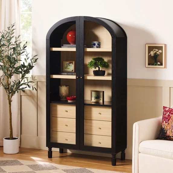 Walker Edison Modern Arched Bookshelf Tall Glass Door Cabinet with Inner Drawers, Black | Walmart (US)