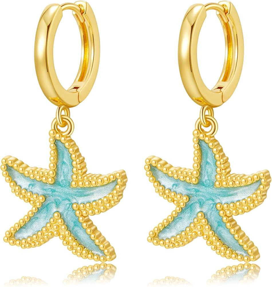 SANNYRA Huggie Earrings for Women - 14K Gold Plated Beach Sea Drop Dangle Earrings - Starfish Butterfly Moon Star Seashell Beachy Jewelry | Amazon (US)