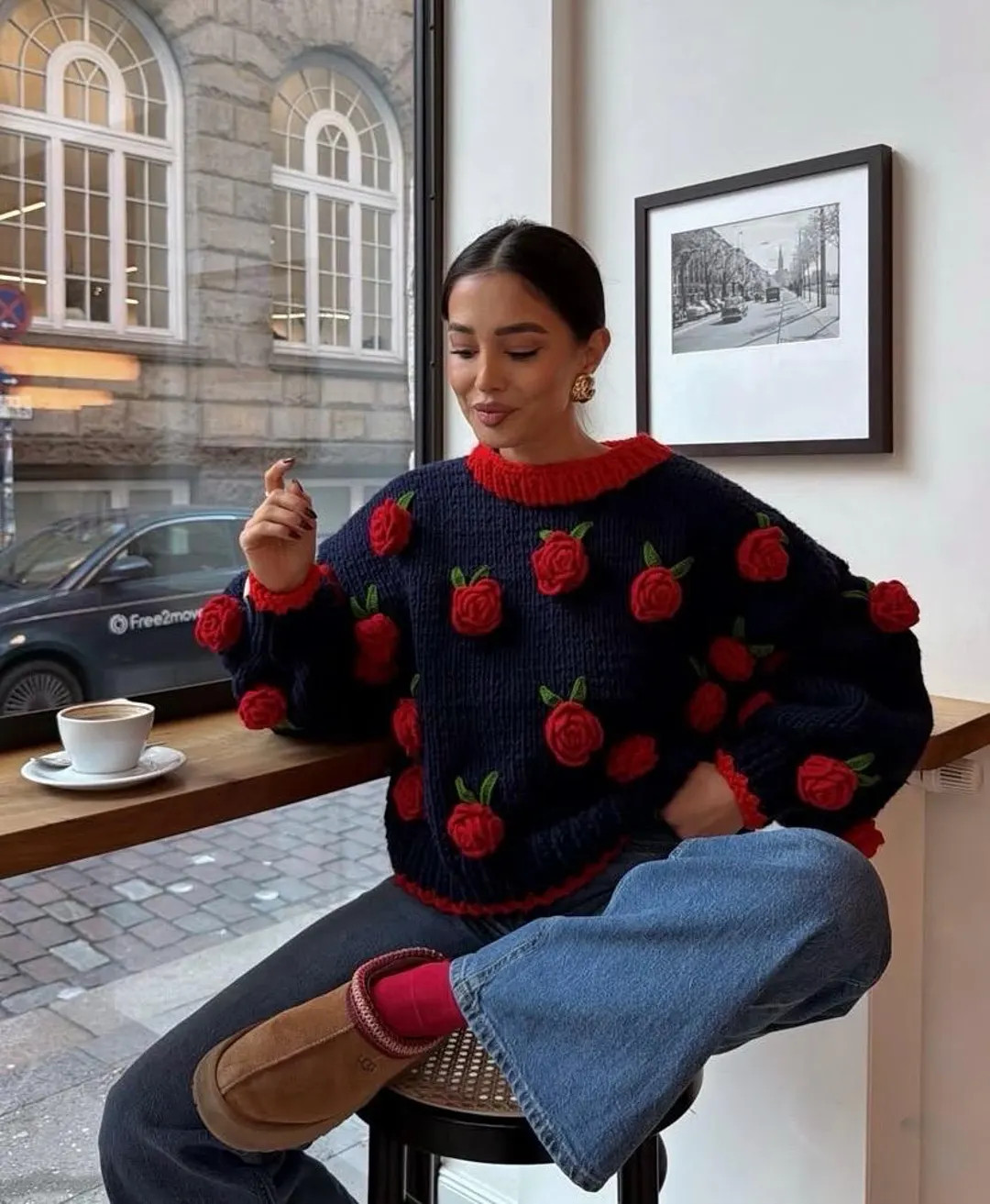 Leilayca Handmade Navy Blue Sweater With Red Roses,handmade Floral Knit Pullover,cozy Cottagecore... | Etsy (US)