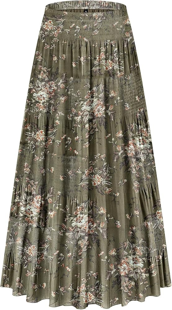 CYiNu Women's Chiffon Elastic High Waist Tiered Pleated Floral Printed A-Line Boho Long Maxi Skir... | Amazon (US)