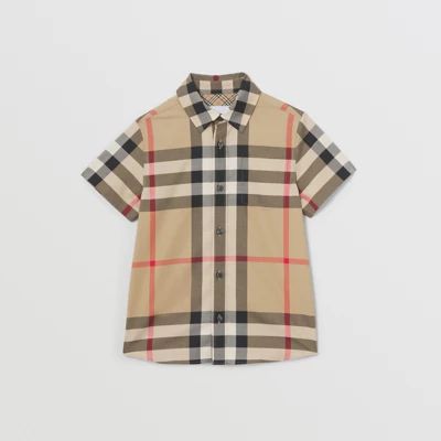 Short-sleeve Check Stretch Cotton Shirt in Archive Beige | Burberry United States | Burberry (US)