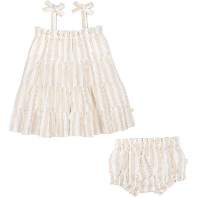 Organic Tiered Strap Dress, Beige Stripes | Maisonette