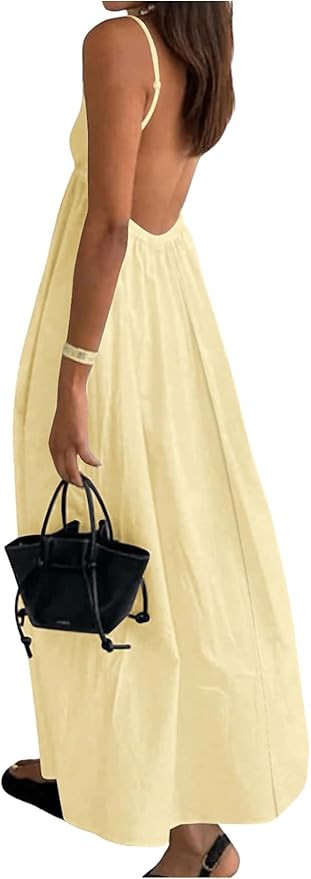SOLY HUX Women's Summer Dress Backless V Neck Spaghetti Strap Loose Flowy Midi Cami Dresses | Amazon (US)