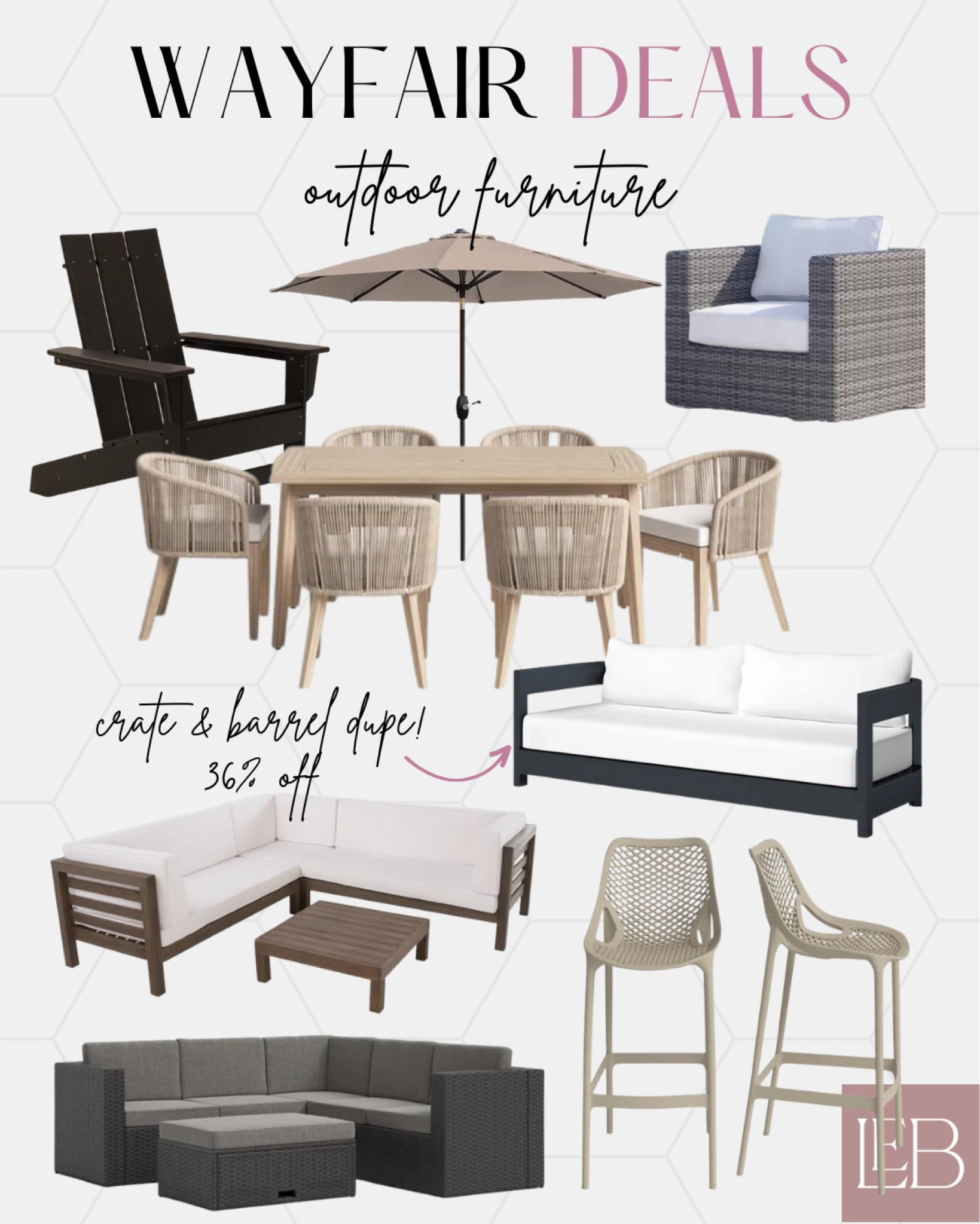5 DAYS OF DEALS at Wayfair! So many crate and barrel dupes that are very stylish and affordable! 

Outdoor furniture. Outdoor chairs. Outdoor dining tables. Outdoor barstools. Adirondack chairs. Wayfair home. Wayfair sales. Wayfair deals. 

#LTKsalealert #LTKhome #LTKFind