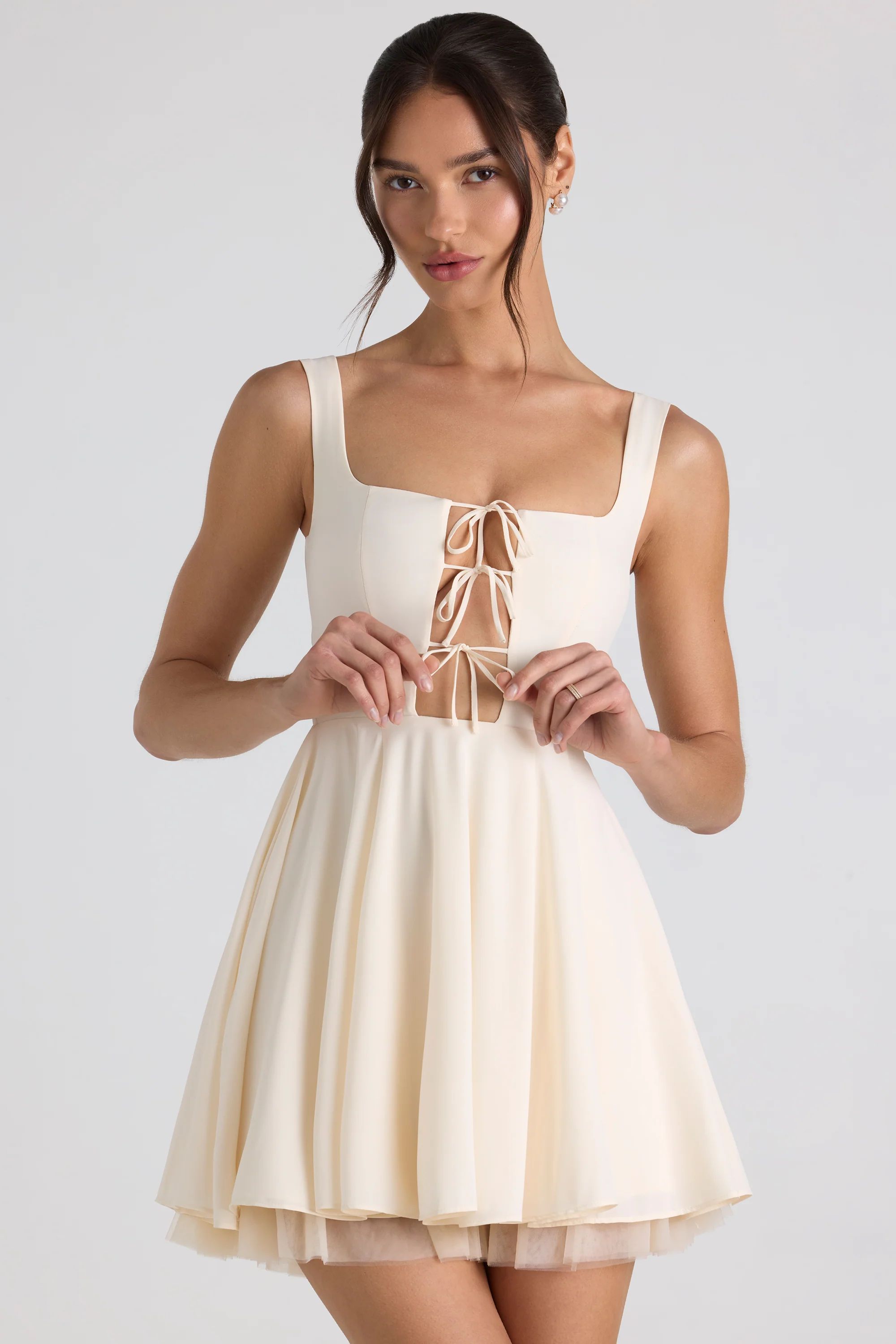 Tie-Detail A-Line Micro Mini Dress in Ivory | Oh Polly