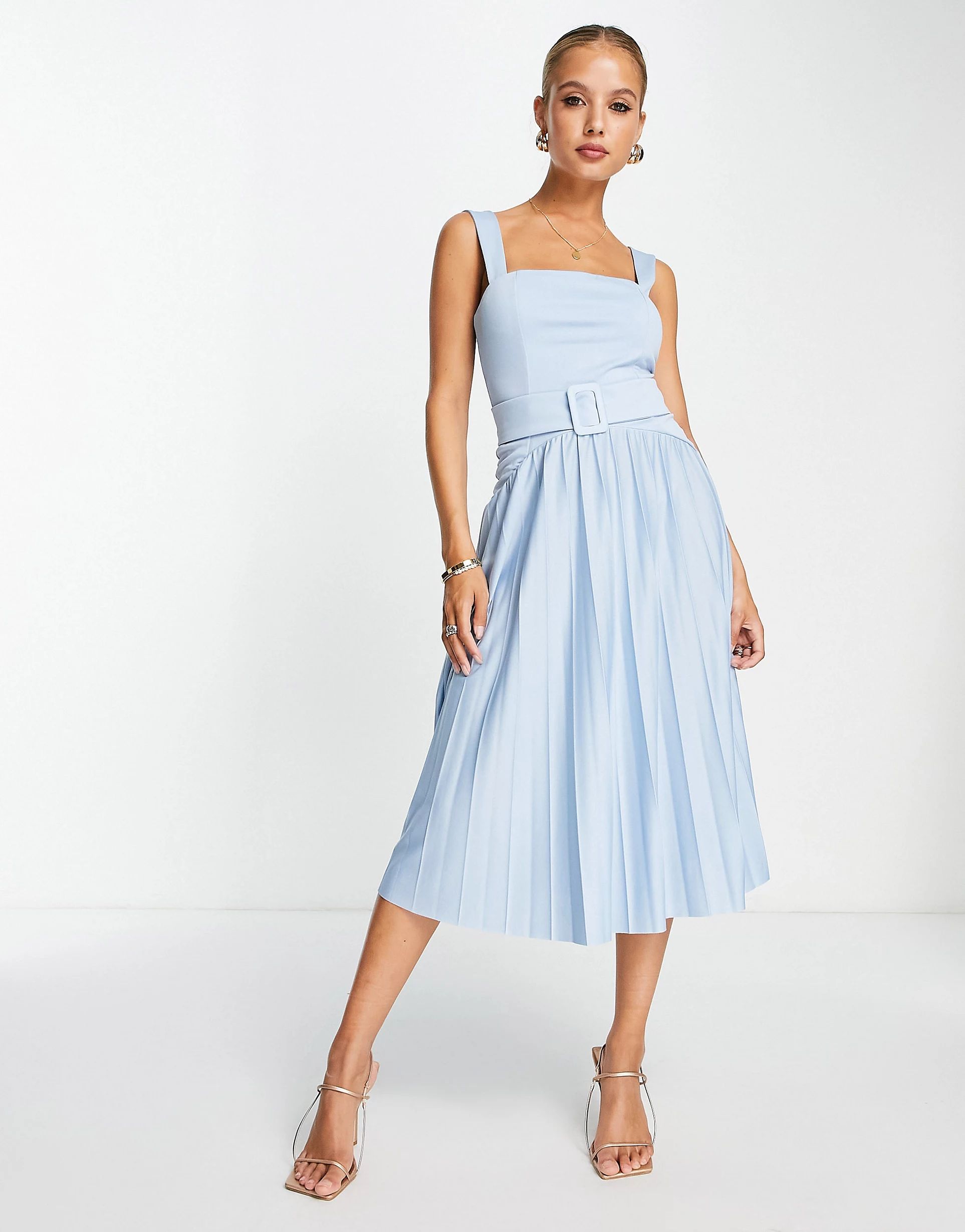 ASOS DESIGN square neck dropped waist belted pleated midi dress in powder blue | ASOS (Global)