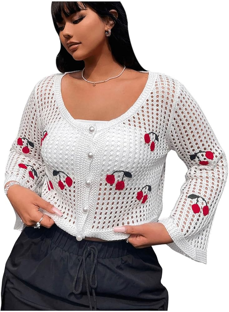 GORGLITTER Women's Plus Size Cherry Pearl Button Down Cropped Cardigan Hollow Out Crochet Knit Ca... | Amazon (US)
