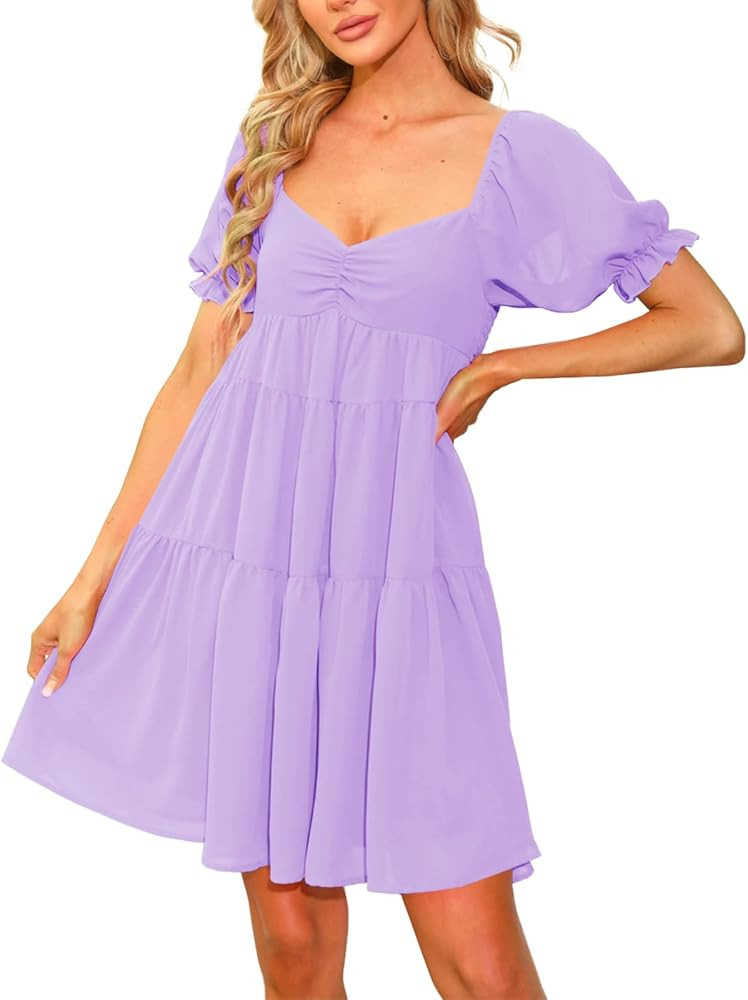 Women's Summer Dress Sweetheart Neckline Puff Sleeves Ruffle Flowy Babydoll Swing Mini Dresses Pa... | Amazon (US)