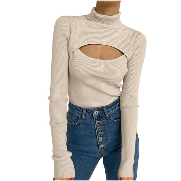 Women's Slim Fit Turtleneck Sweater Sexy Cut Out Front Tops Long Sleeve Pullover Ribbed Blouse Ke... | Walmart (US)