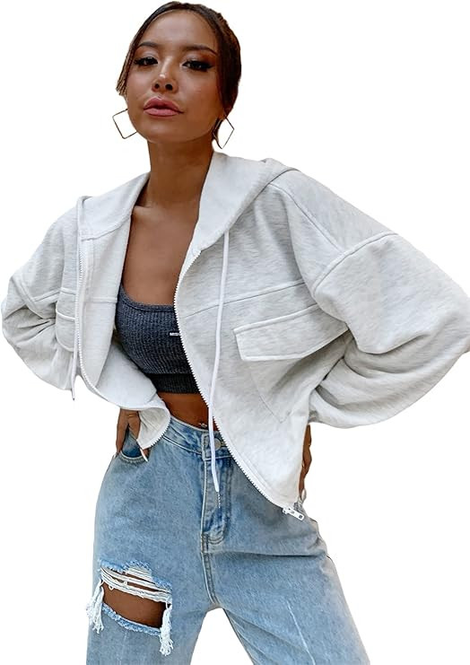 MAKEMECHIC Women's Casual Zip Up Cropped Hoodie Solid Flap Pocket Hooded Jacket | Amazon (US)