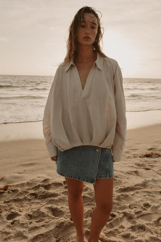 LINEN BLEND SHIRT WITH PUFF HEM | Zara US