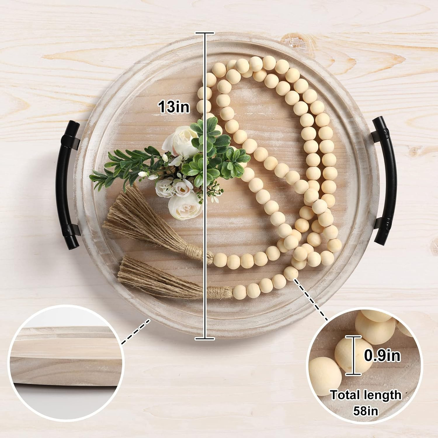 Round Wood Tray/w Wood Bead Garland - 13" Decorative Trays for Home Decor - Round Wooden Tray wit... | Amazon (US)