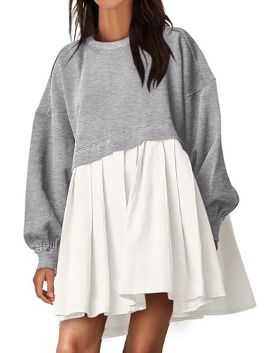 ANRABESS Women Sweatshirts Dress Oversized Long Sleeve Patchwork Casual Loose Pleated Pullover Mini Dress Fall Outfits 2025 X-Large Light Grey/White | Amazon (US)