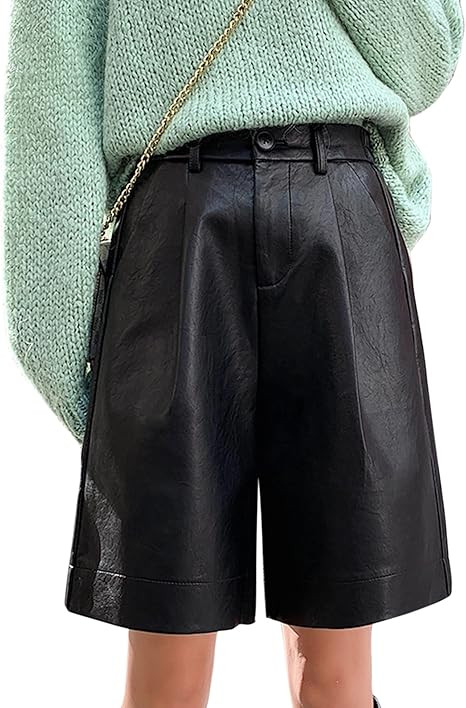 HaoMay Women's Elastic High Waist Wide Leg Pleated PU Faux Leather Shorts | Amazon (CA)