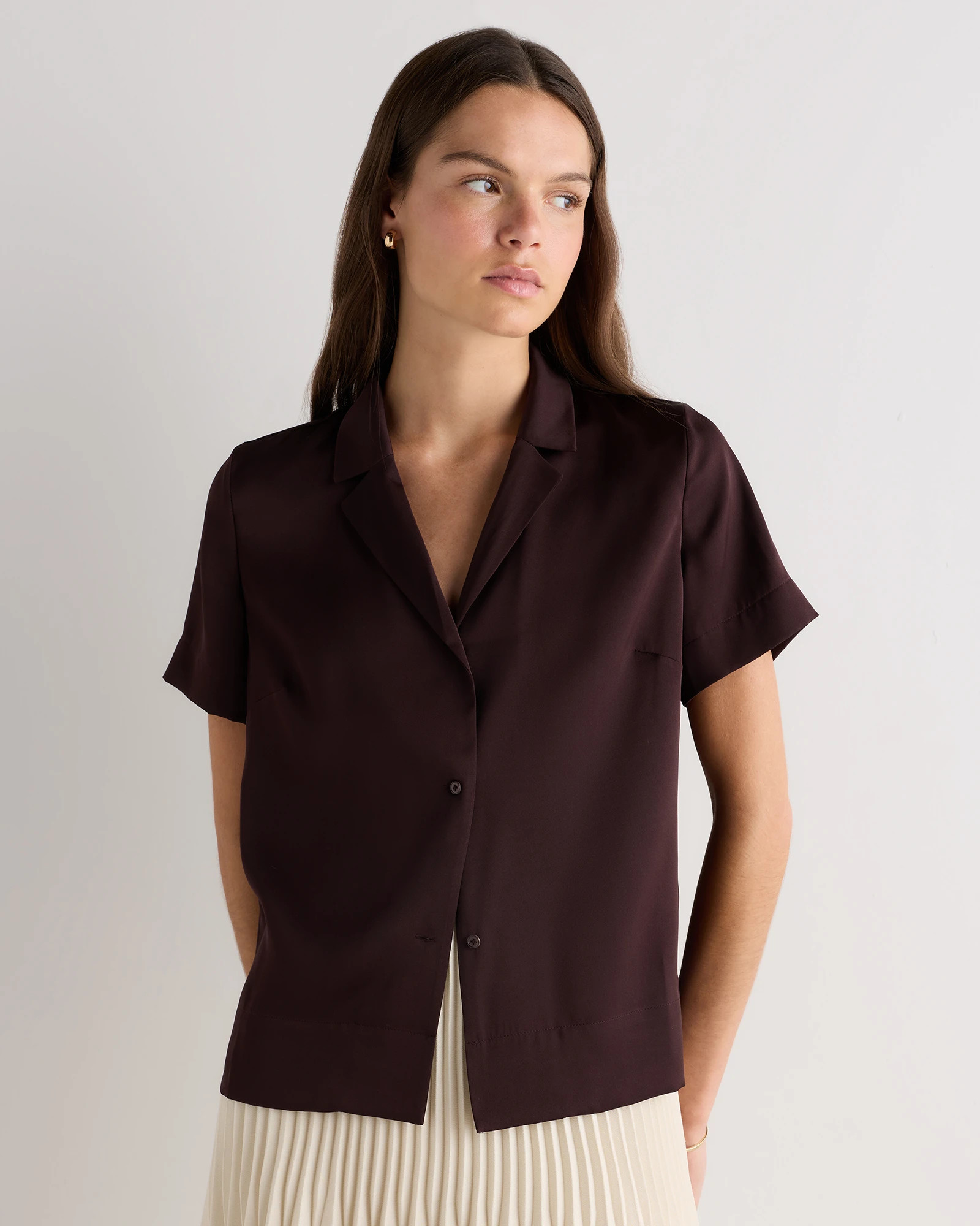 Washable Stretch Silk Short Sleeve Notch Collar Blouse in Chocolate Plum Brown | Quince