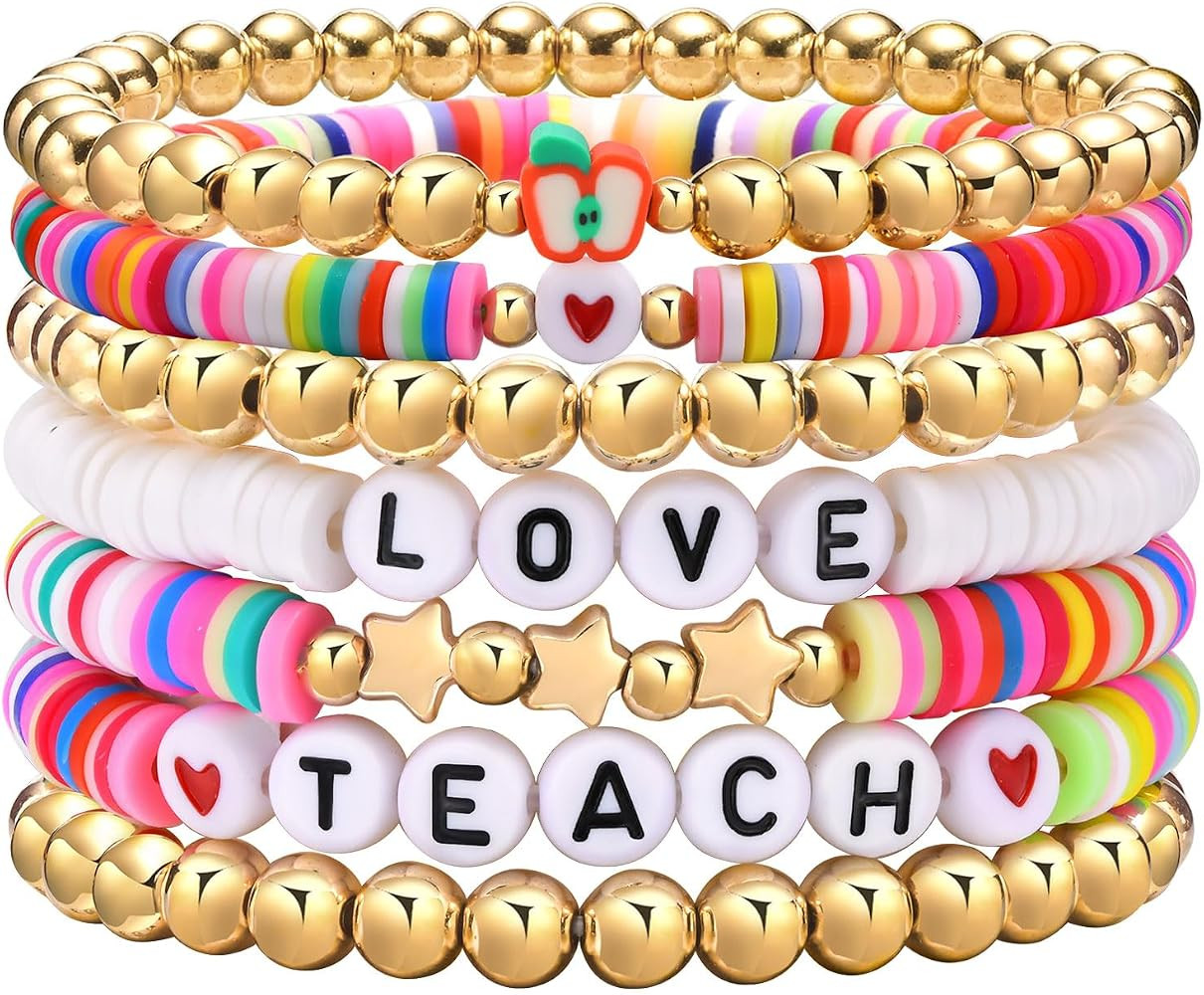 Surfer Heishi Bracelets for Women, Stackable Stretch Vinyl Disc Clay Bracelets, Cute Colorful Tre... | Amazon (US)
