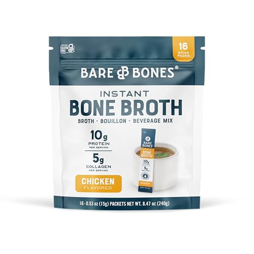 Bare Bones Chicken Bone Broth Instant Powdered Mix | Rich Savory Packets on-the-Go No Artificial Flavors | Keto & Paleo Friendly | 10g Protein | 16 Pack | Amazon (US)