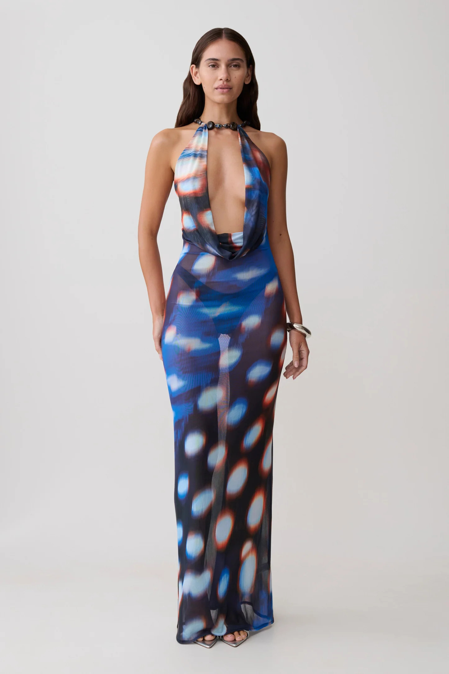 Ethel Mesh Cowl Plunge Maxi - Blue Abstract Print | Meshki UK