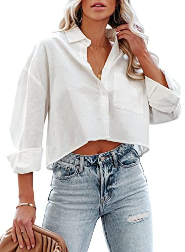 Tankaneo Womens Button Down Cropped Shirts Long Sleeve Casual Crop Tops Solid Lapel Blouse Shirt with Chest Pocket | Amazon (US)