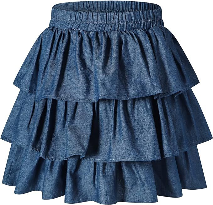 J·E Sterguard Casual Denim Tiered Ruffle Skirt, Stretch Waist Cotton Puffy Skirts Girls Skater S... | Amazon (US)