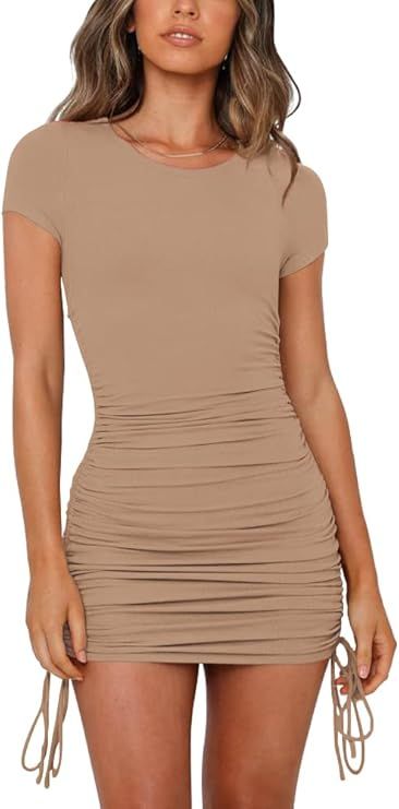 PAPOSON Women's Summer Bodycon Drawstring Mini Dress Short Sleeve Ruched Sexy Casual Party Club D... | Amazon (US)