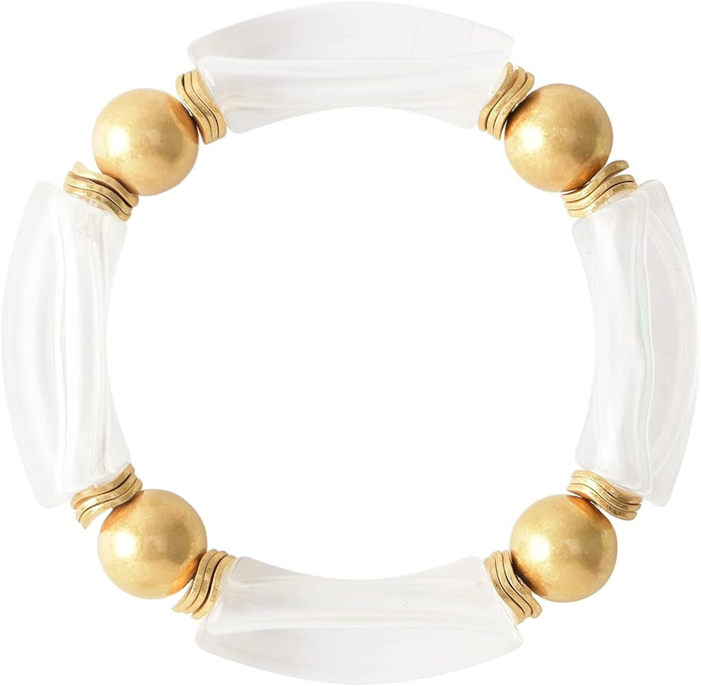 LALAPPLE Gold Plated Beaded Acrylic Bamboo Tube Bangle Bracelets for Women, Colorful Chunky Curve... | Amazon (US)