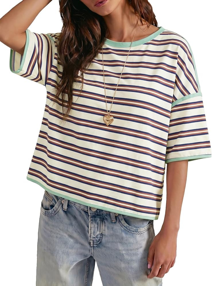Tankaneo Womens Oversized Striped Tshirts Summer Short Sleeve Tops Boxy Tee | Amazon (US)