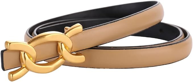 SPOMUNT Womens Thin Belts Skinny Leather Dress Belt, Gold Double C Buckle for Jeans Pants | Amazon (US)