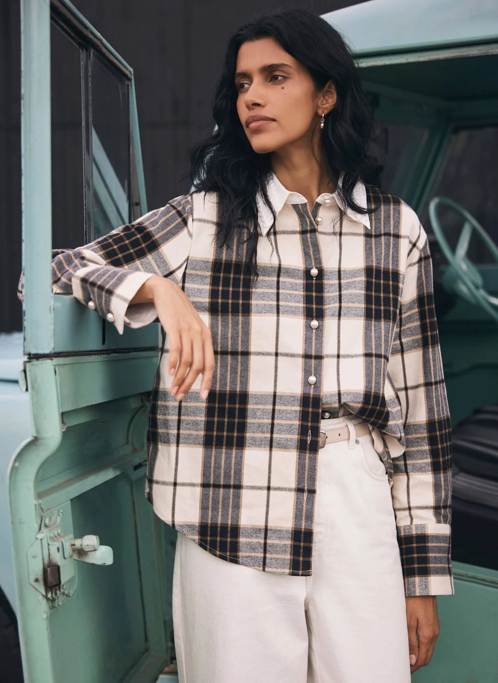 Neutral Checked Cotton Shirt | Mint Velvet