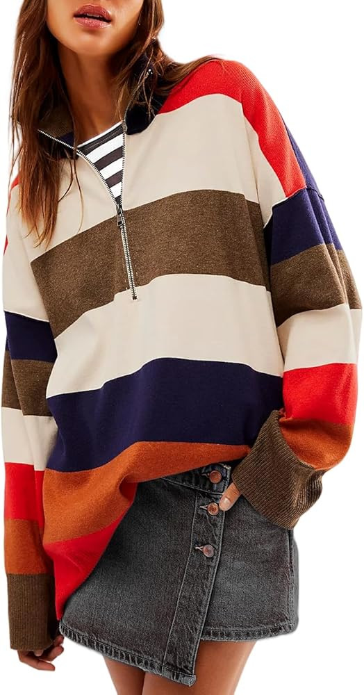 Womens Striped Sweater Quarter Zip Sweater Drop Shoulder V Neck Y2k Pullover Sweaters | Amazon (US)