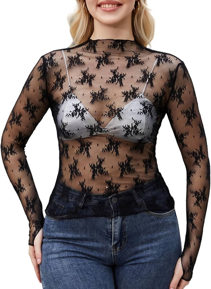 PAODIKUAI Women's Sheer Mesh Top Mock Neck Lace Layering Top Long Sleeve Mesh Shirt See Through S... | Amazon (US)