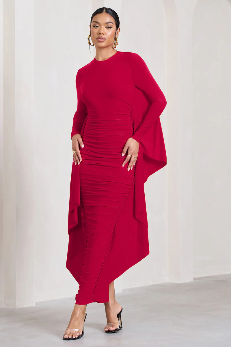 Keva | Red Long Sleeve Ruched Maxi Dress with Cape Detailing | Club L London
