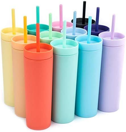 SKINNY TUMBLERS (12 pack) Matte Pastel Colored Acrylic Tumblers with Lids and Straws | Skinny, 16... | Amazon (US)