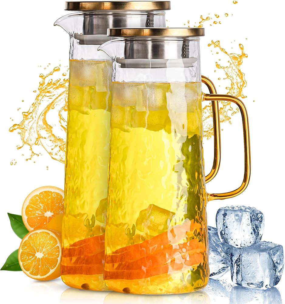 Glass Water Pitcher with Stainless Steel Lid, 2 Pack, 50 oz 1.5L - Borosilicate Glass Jug, Heat R... | Amazon (US)