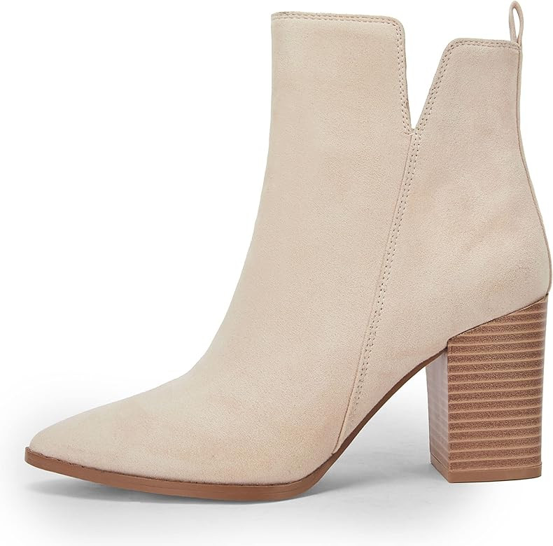 Womens V Cutout Ankle Boots Pointed Toe Chunky Block Stacked Heel Booties Side Zipper Shoes | Amazon (US)