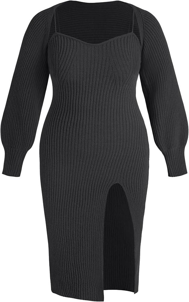 CIDER Plus Size 2 Piece Sweater Dresses for Women Long Sleeve Midi Dress Slit Winter Pullover Wed... | Amazon (US)