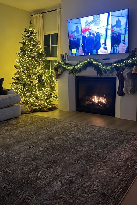 Living room rug / Loloi II Layla in antique moss / Kirkland’s real touch Norfolk pine garland 