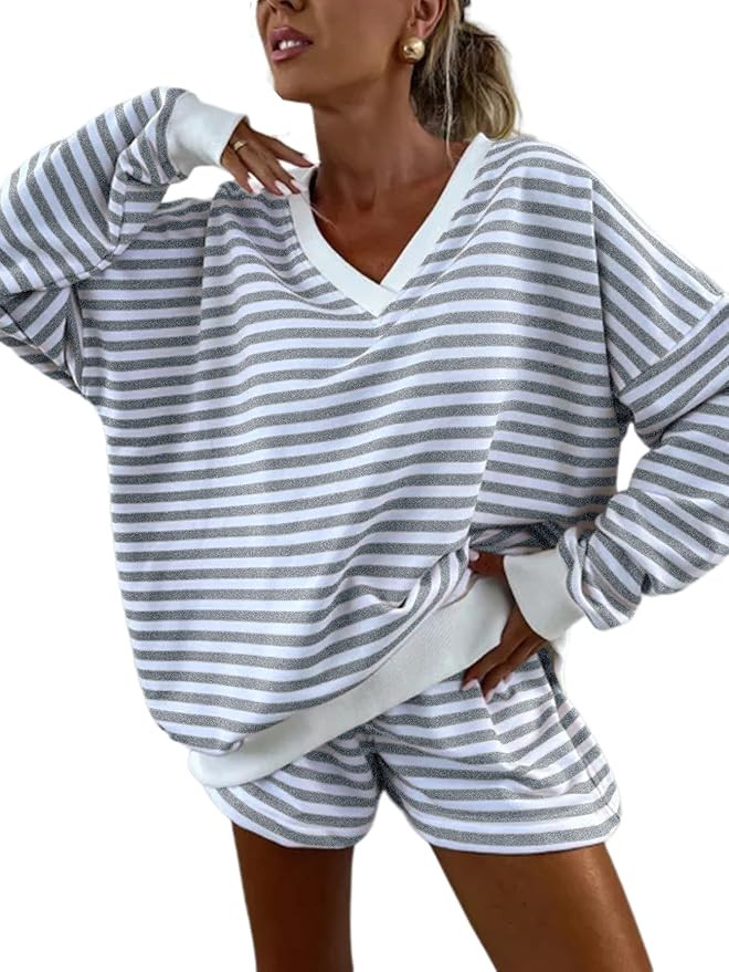 Amazon.com: Melliflo Women 2 Piece Outfits Lounge Sets Striped Print Long Sleeve V Neck Sweatshir... | Amazon (US)