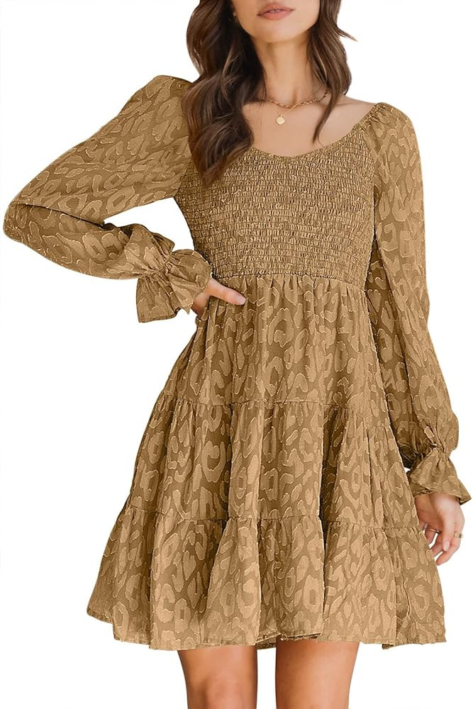 ANRABESS Women's Rounded V Neck Puff Long Sleeve Smocked Ruffle Flowy A-Line Tiered Babydoll Short M | Amazon (US)