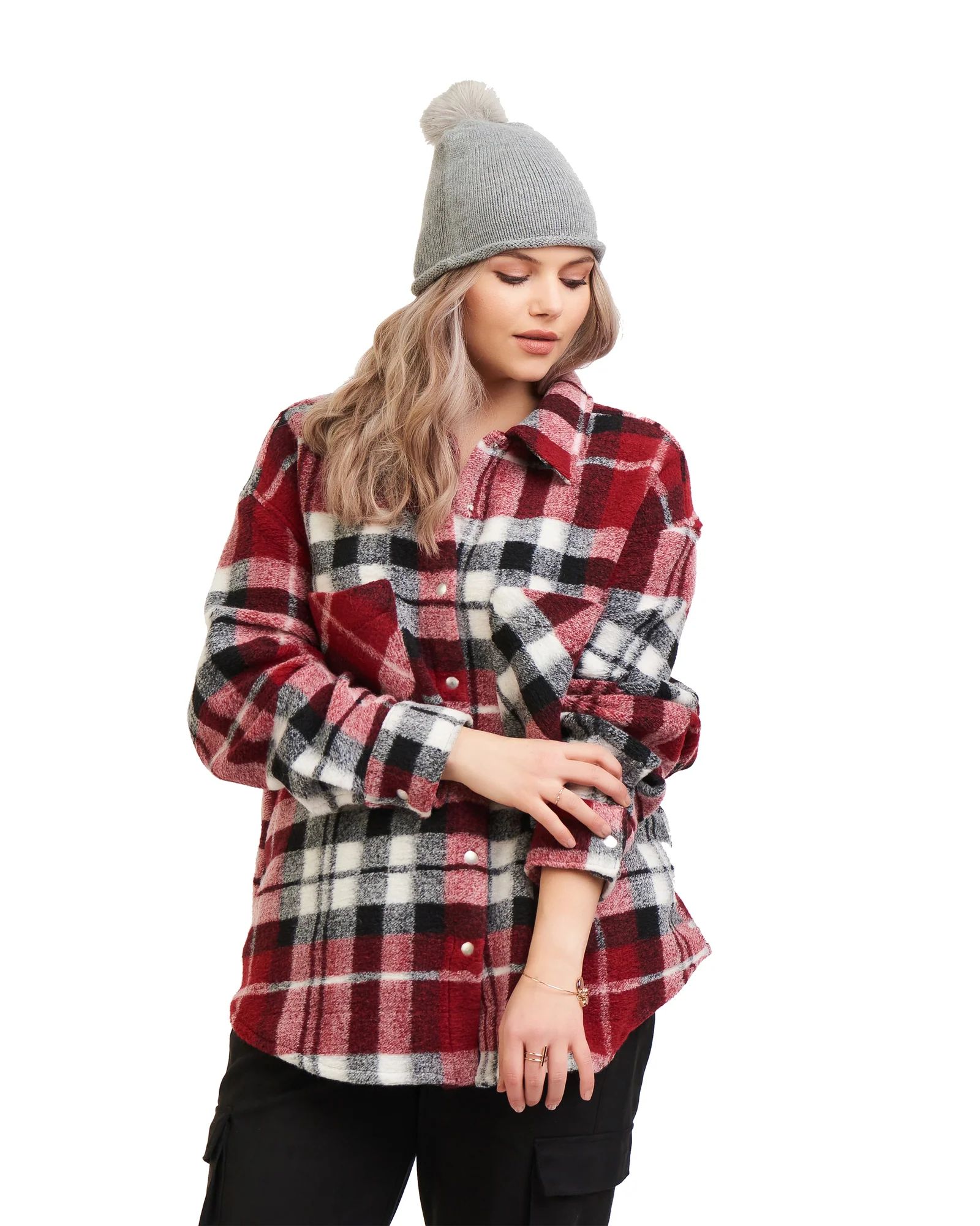 DEX PLUS Florence Plaid Shirt Jacket | Red / Black | Women's Jackets | Dia & Co