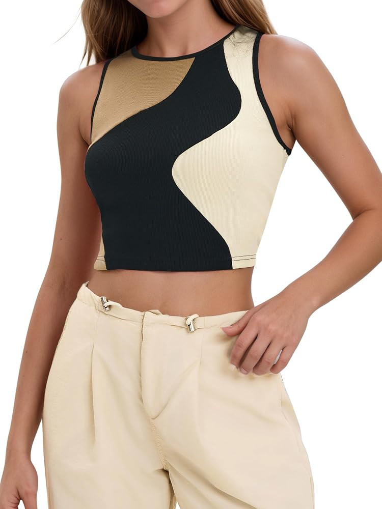 Cropped Tank Tops for Women Summer Color Block Ribbed Sleeveless Tops Basic Casual Going Out Tops | Amazon (US)