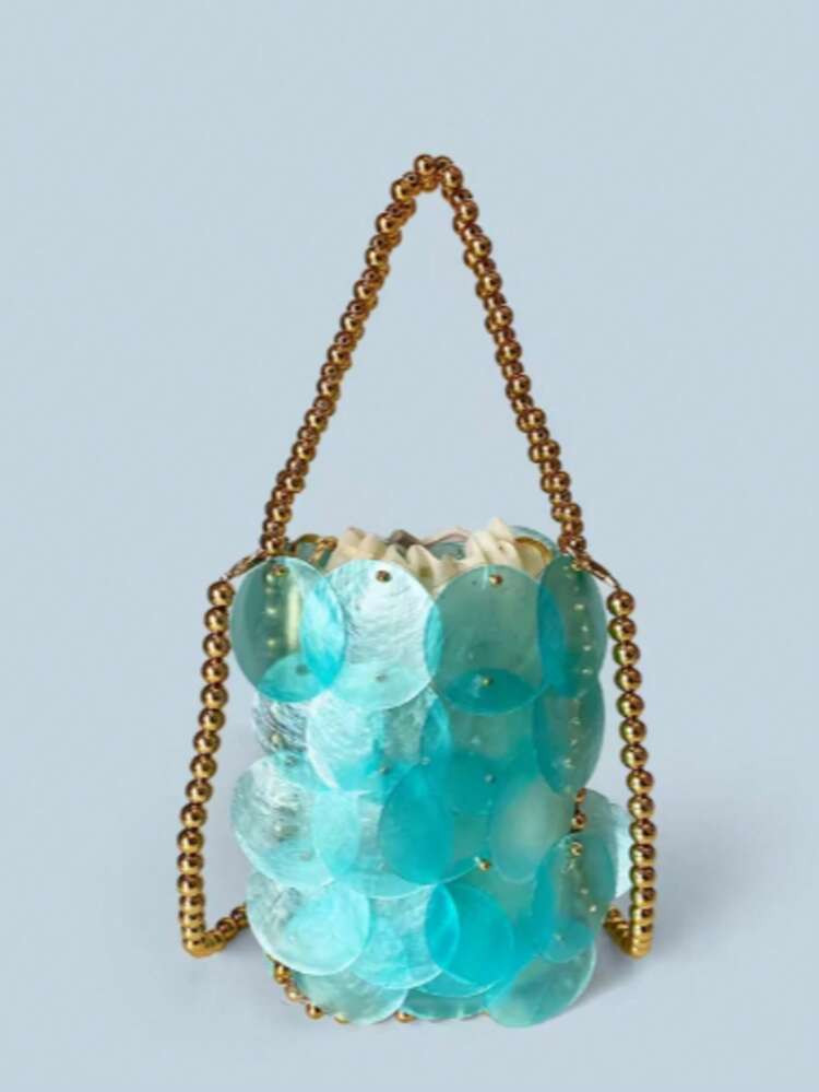 Mermaid Princess Fish Scale Sparkle Handmade Weaving Sparkling Bead Bag Pearl Bag Handheld Crossbody Bag Women Fashion Shell Woven Handbag Chic Shell Beach Bag Beaded Chain Bag For Summer Travel Beach Party | SHEIN
