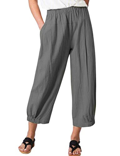 Bozanly Summer Capri Pants for Women Casual Elastic Waist Cotton Linen Comfy Yoga Crop Pants Trousers 2025(0520-Gray-S) | Amazon (US)